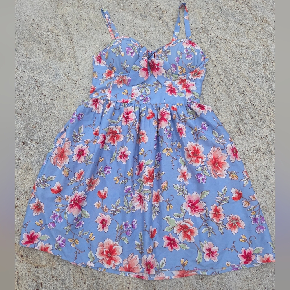 BAND OF GYPSIES Sz M Blue Pink Floral SUN DRESS  Mini Elastic Cottage Core